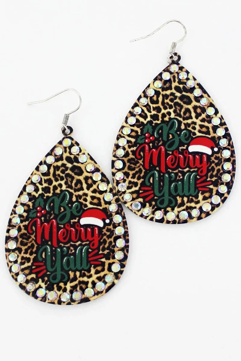 LEOPARD 'BE MERRY YALL' TEARDROP EARRINGS