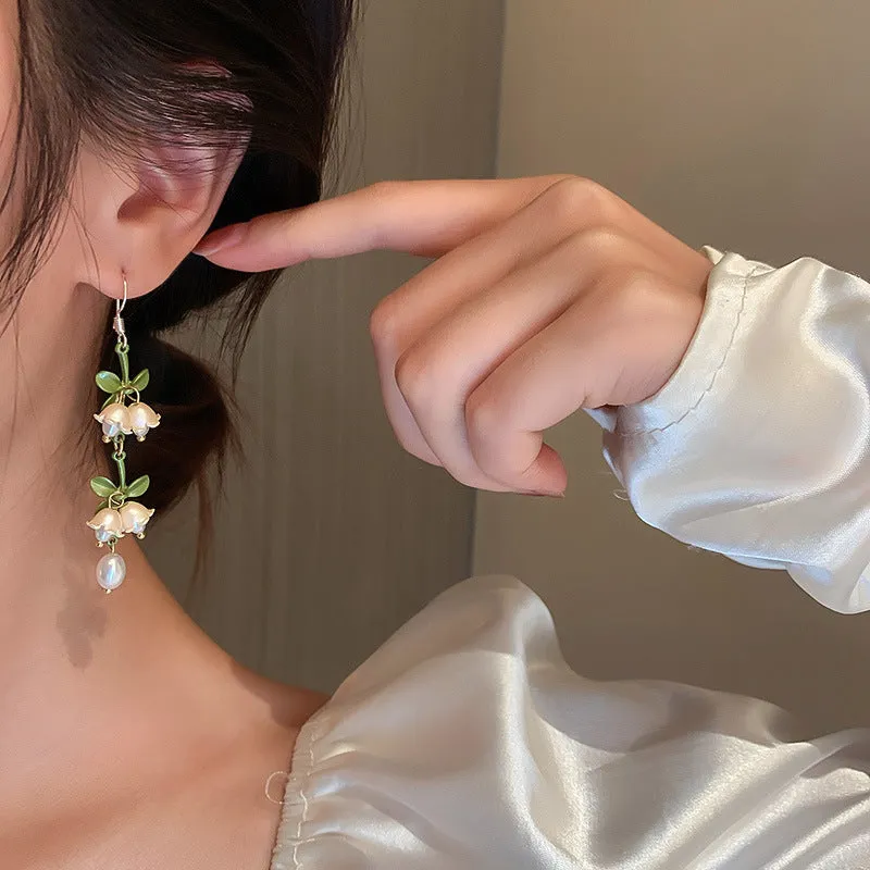 Lily of the Valley Flower Pearl Long Wedding Earrings