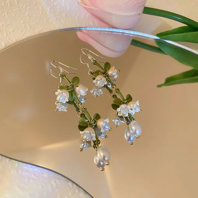 Lily of the Valley Flower Pearl Long Wedding Earrings