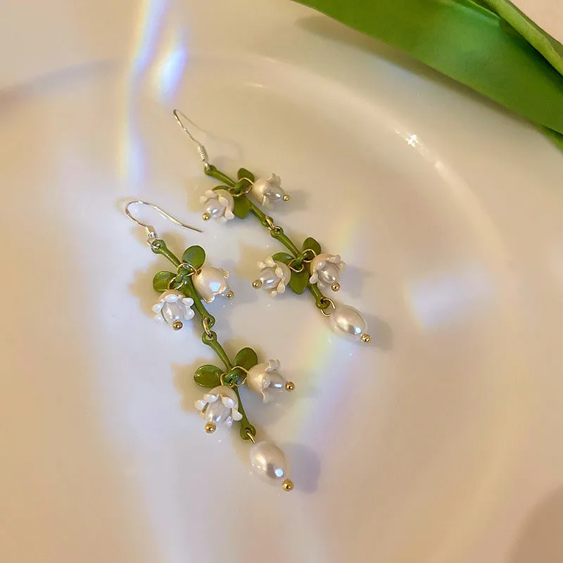 Lily of the Valley Flower Pearl Long Wedding Earrings