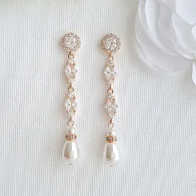 Long Rose Gold Pearl Drop Earrings- Hayley