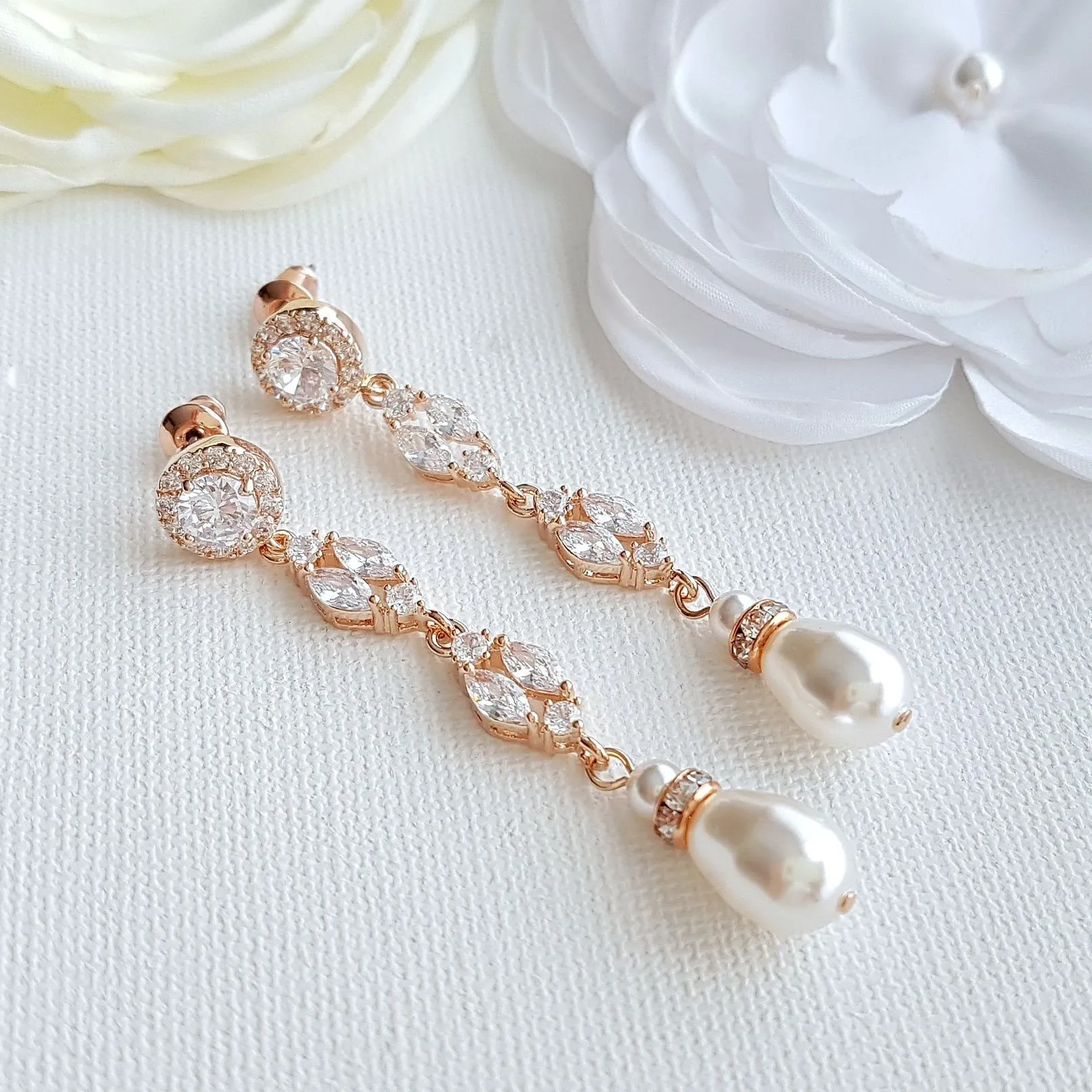 Long Rose Gold Pearl Drop Earrings- Hayley