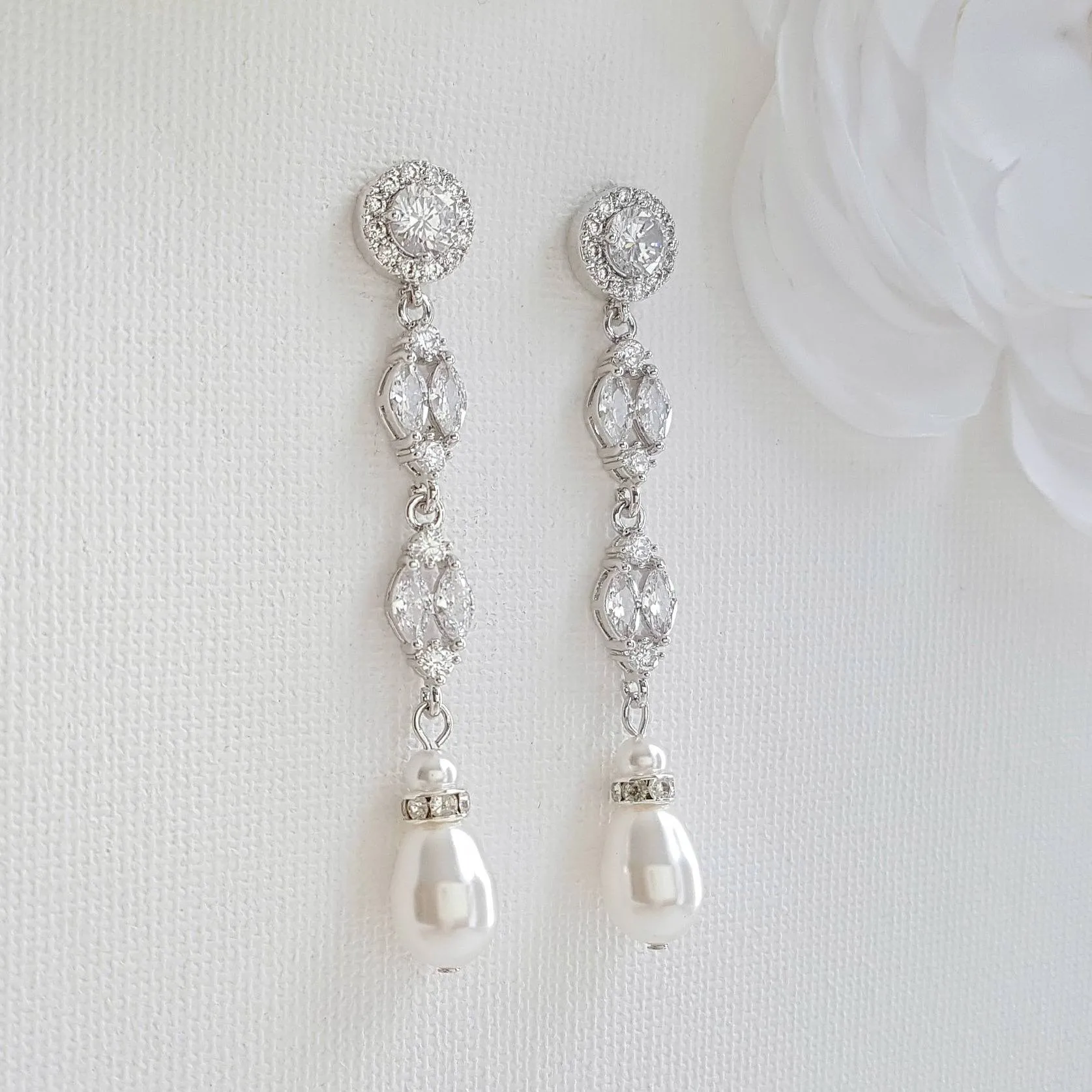 Long Rose Gold Pearl Drop Earrings- Hayley