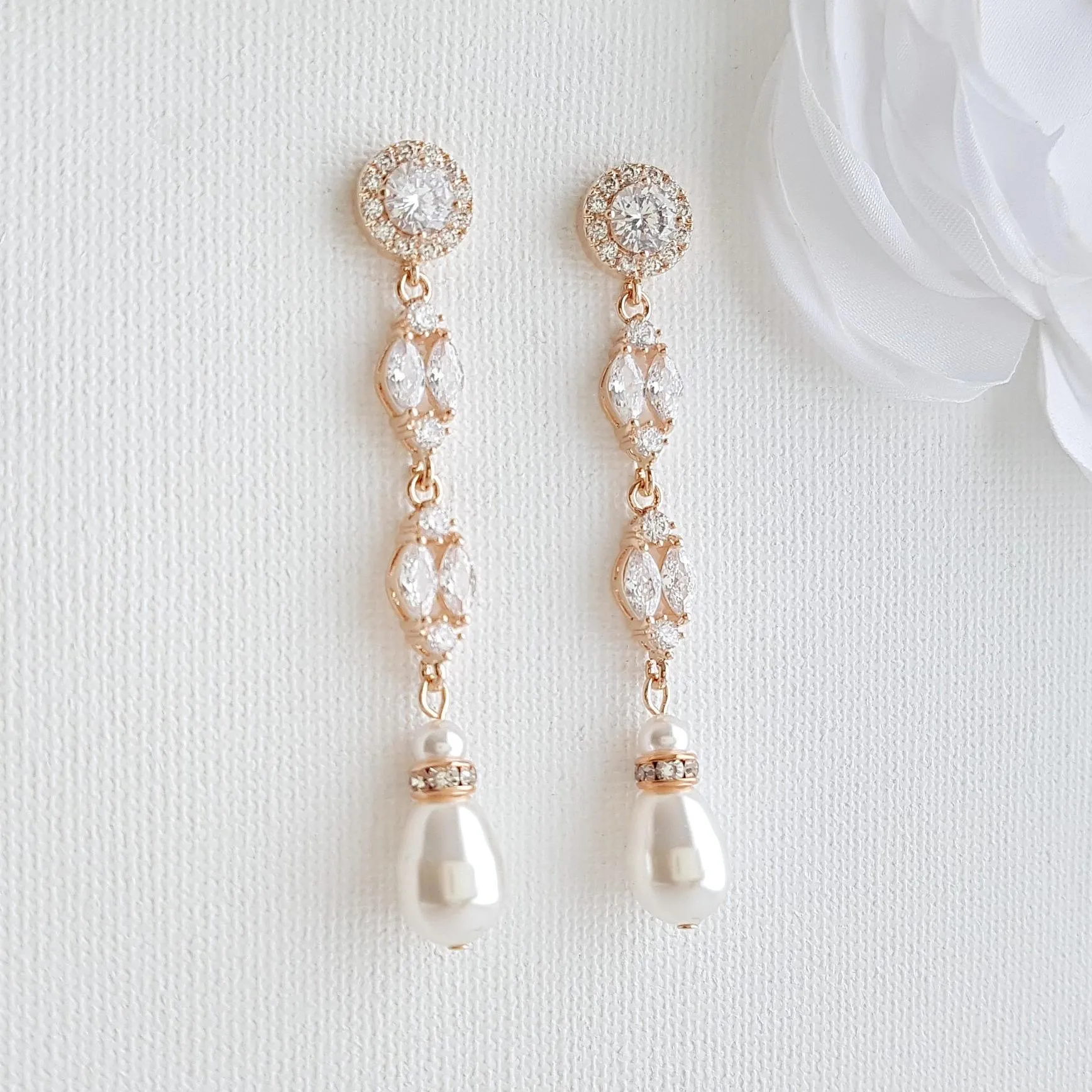 Long Rose Gold Pearl Drop Earrings- Hayley