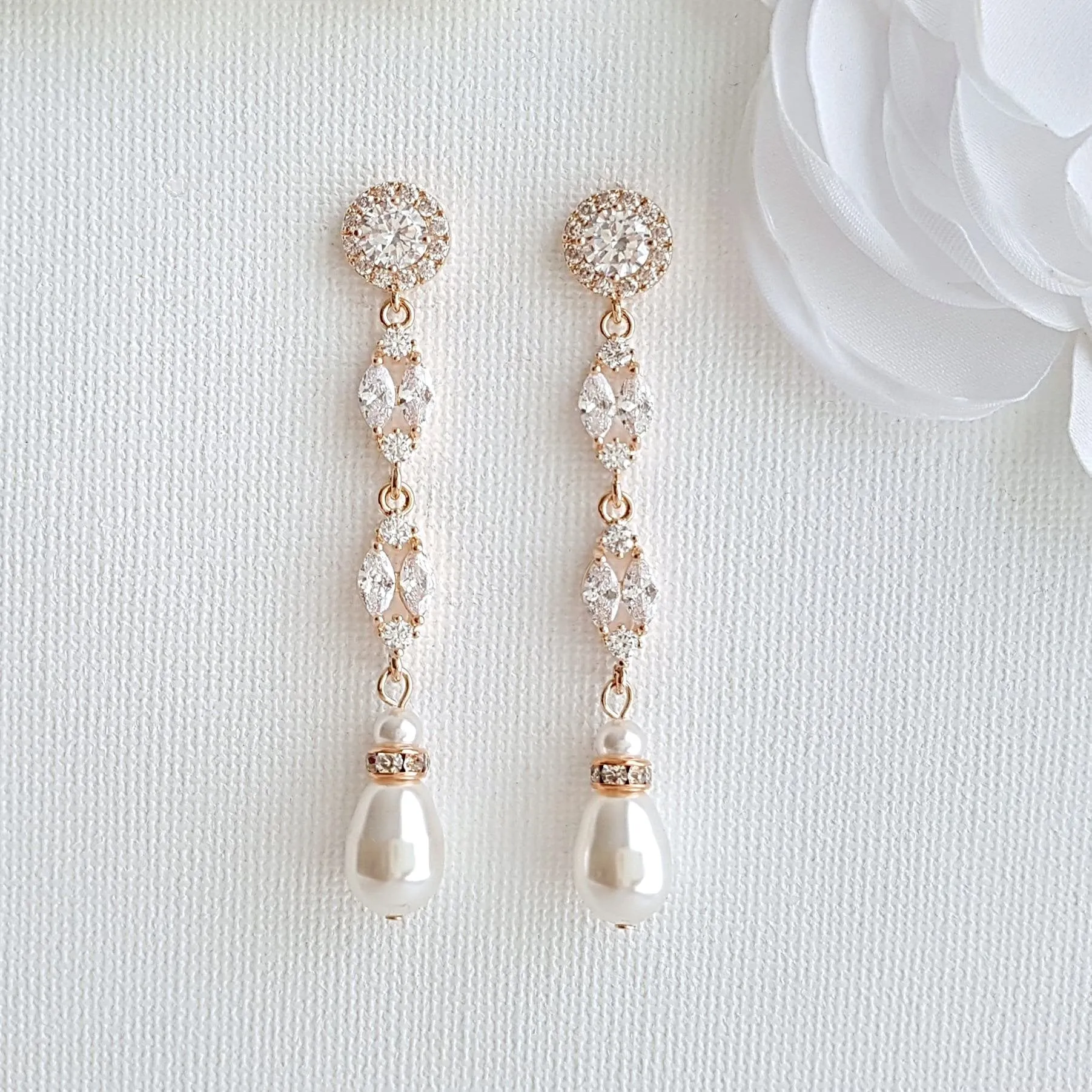 Long Rose Gold Pearl Drop Earrings- Hayley