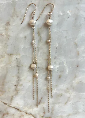 Long Whispers - Long Freshwater Pearl Nugget Earrings - 14KTGF