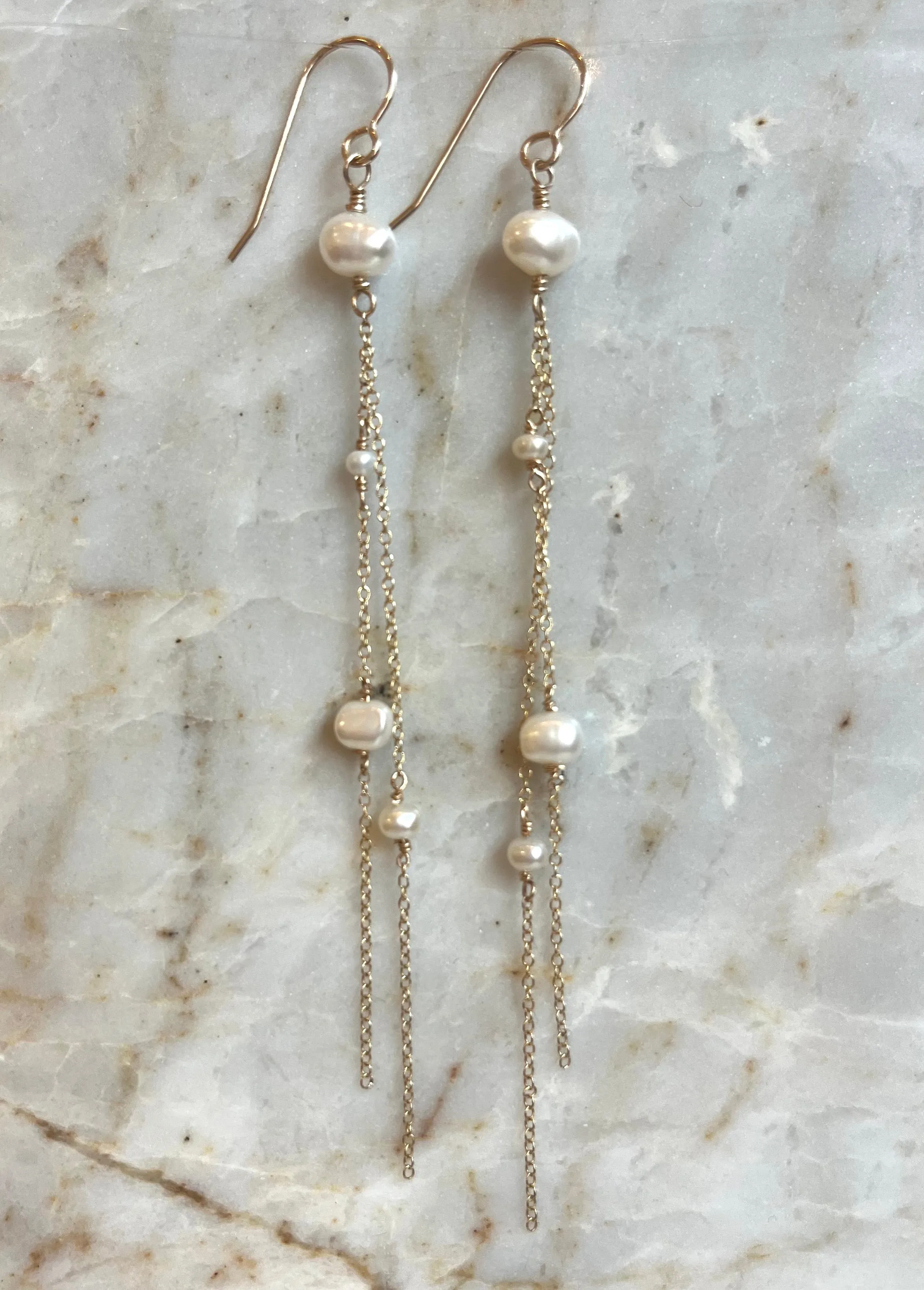 Long Whispers - Long Freshwater Pearl Nugget Earrings - 14KTGF