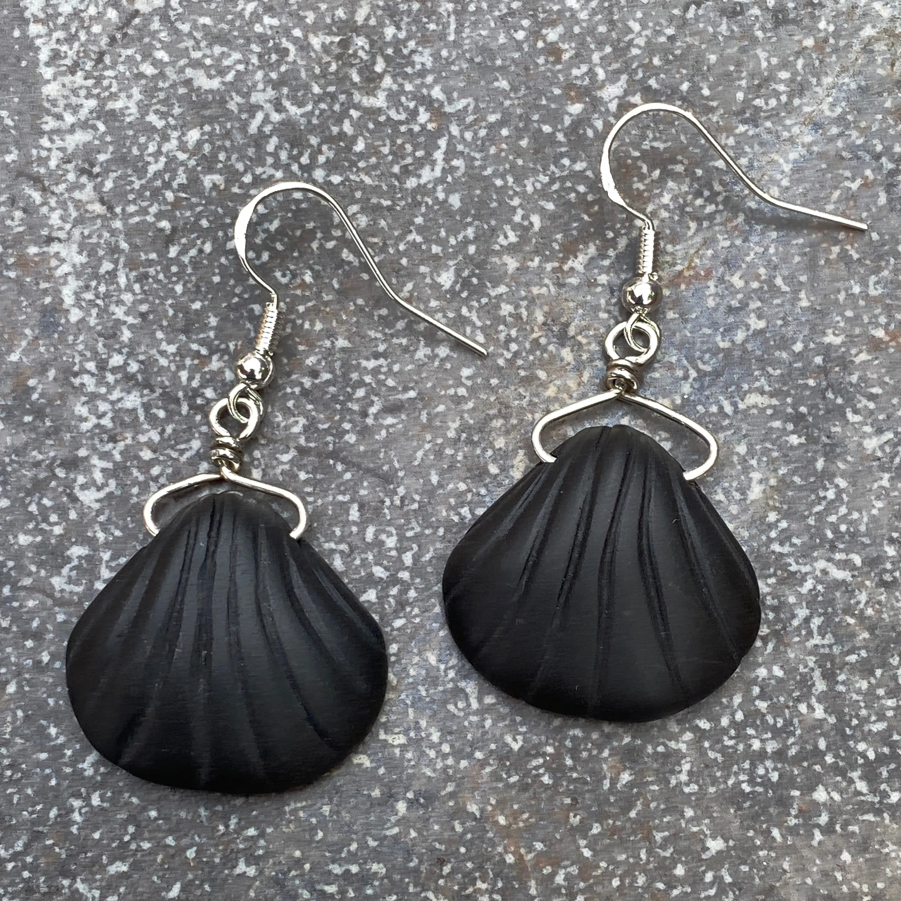 Matte Onyx gemstone carved Shells with Sterling Silver Earrings