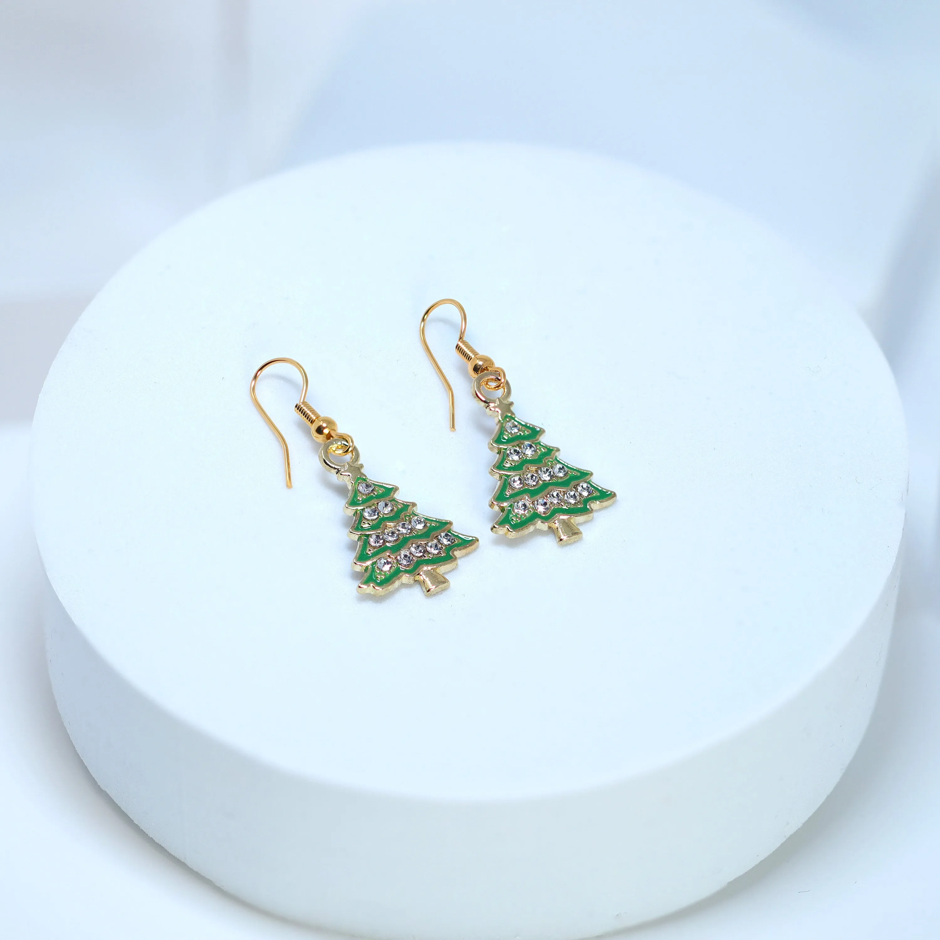 Minimalist Rhinestone Green Christmas Tree Dangle Earrings, Crystal Tree Earring, Statement Christmas Earring.