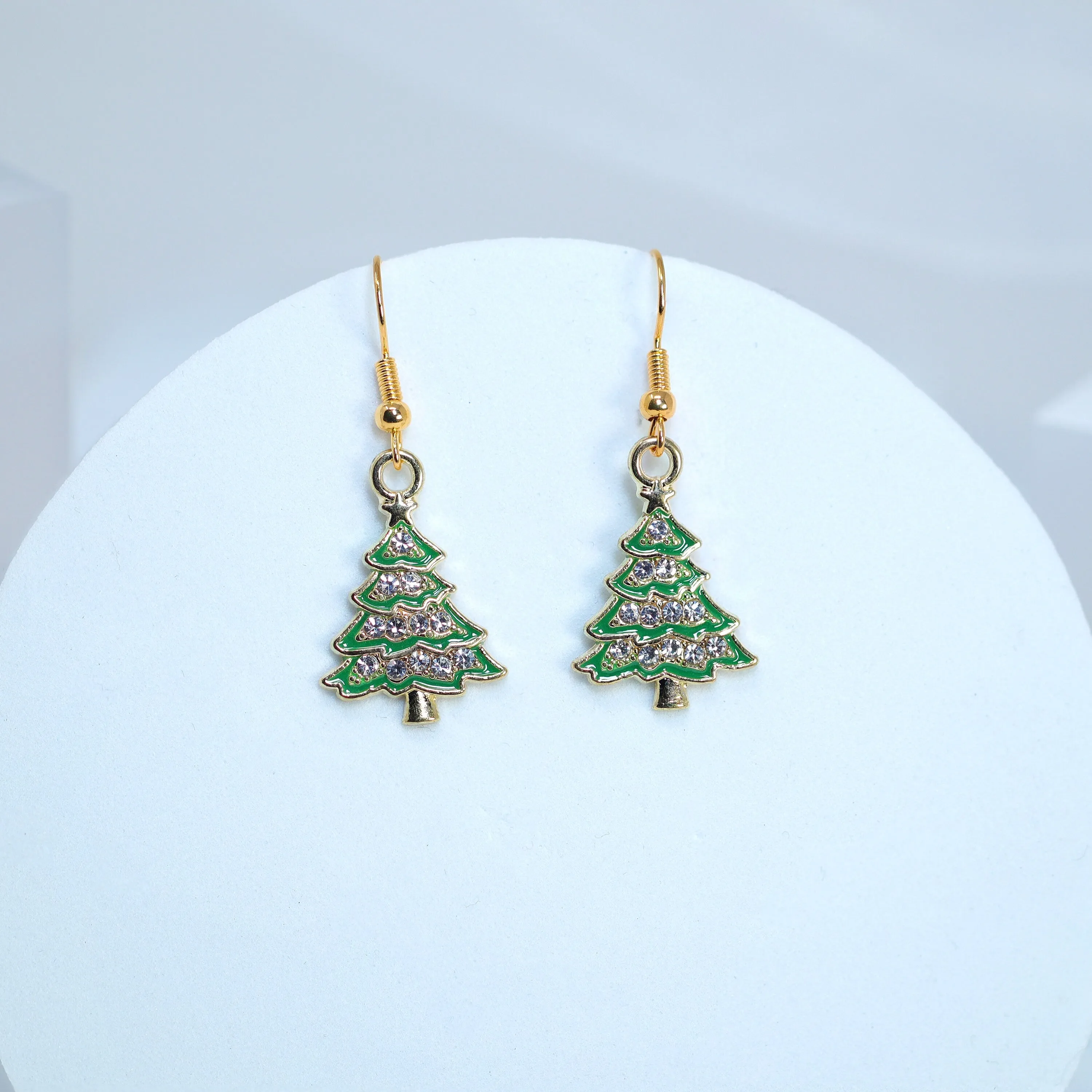 Minimalist Rhinestone Green Christmas Tree Dangle Earrings, Crystal Tree Earring, Statement Christmas Earring.