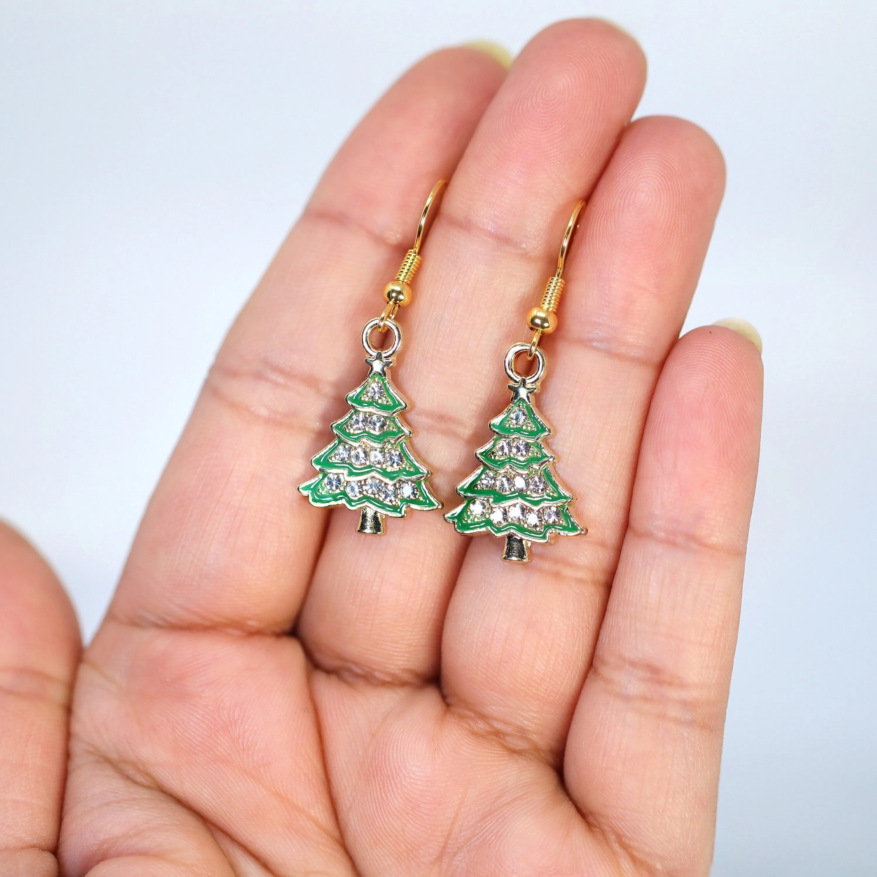 Minimalist Rhinestone Green Christmas Tree Dangle Earrings, Crystal Tree Earring, Statement Christmas Earring.