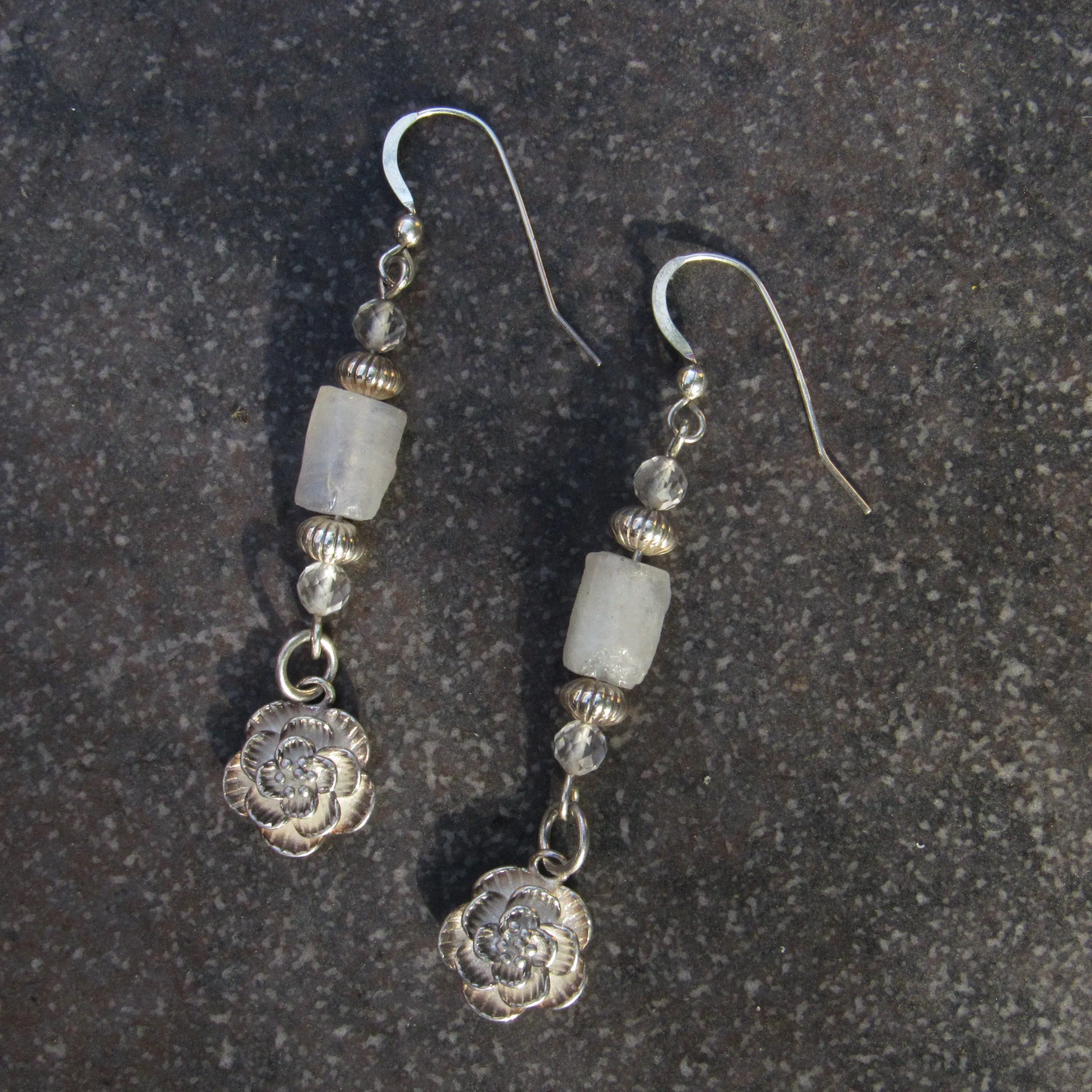 Moonstone and White Topaz gemstone Sterling silver flowers, drop earrings