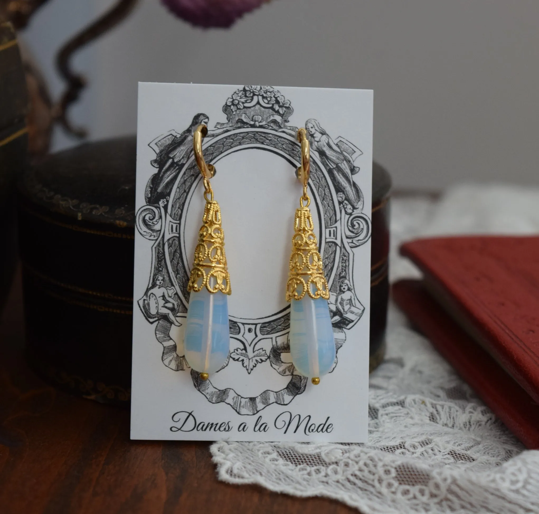 Moonstone Teardrop Filigree Earrings