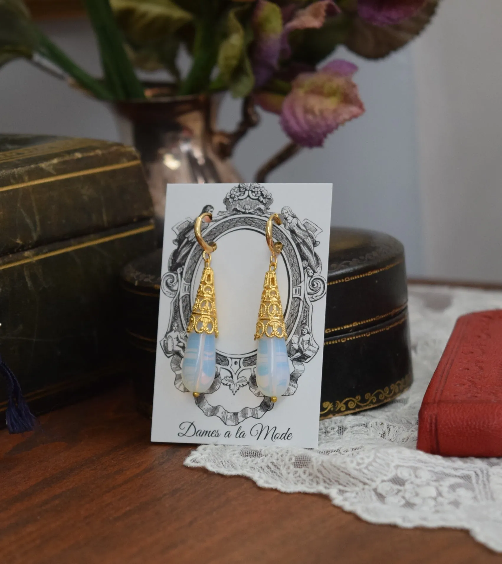 Moonstone Teardrop Filigree Earrings