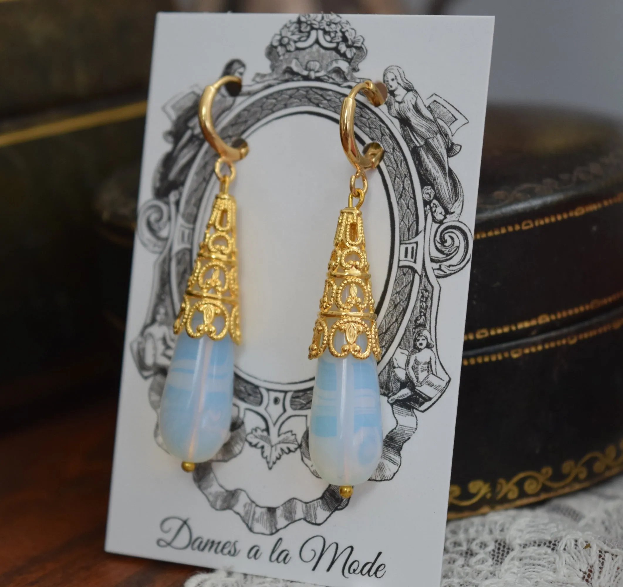 Moonstone Teardrop Filigree Earrings