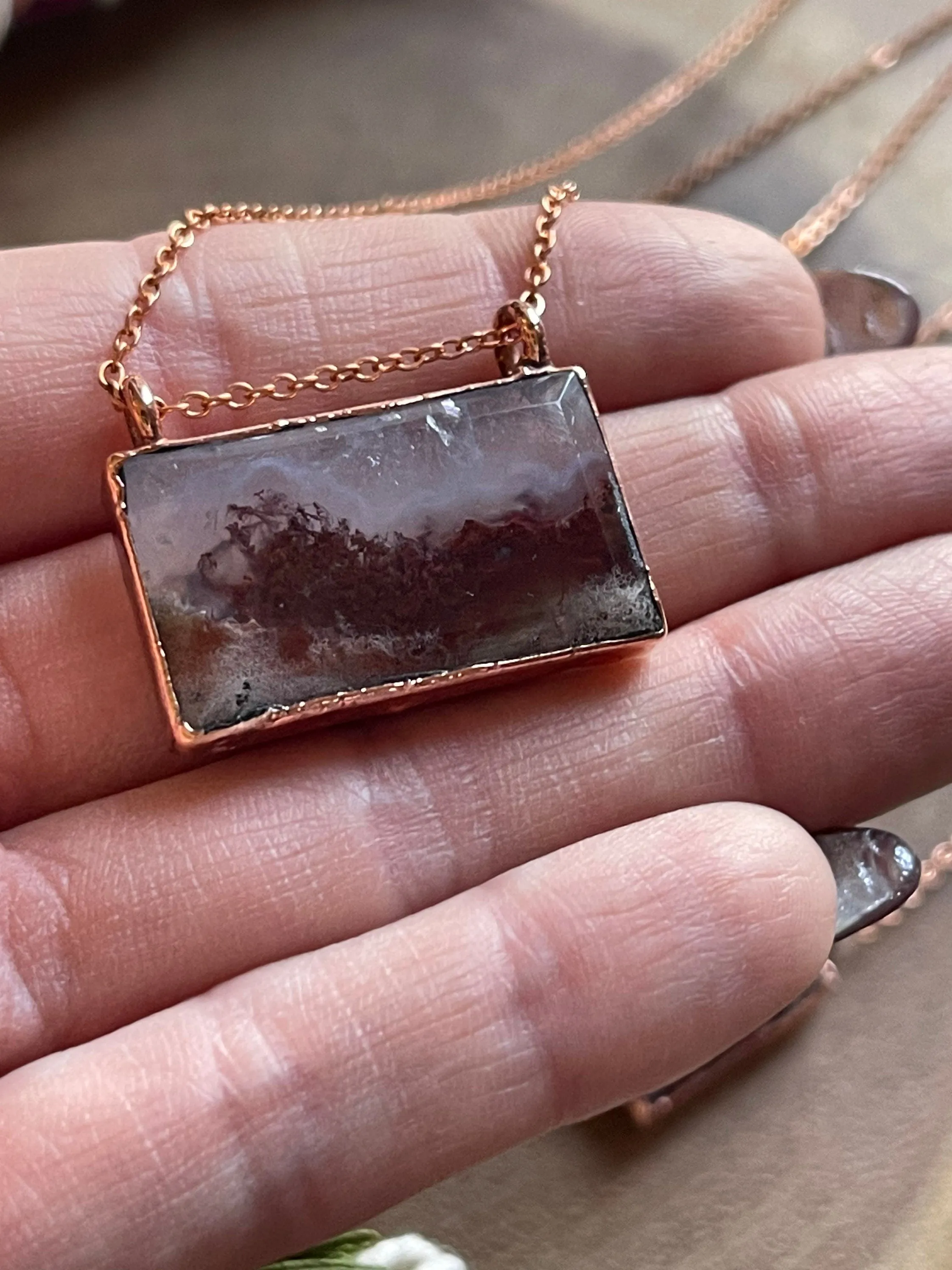 Moss agate rectangle necklace Electroformed copper jewelry