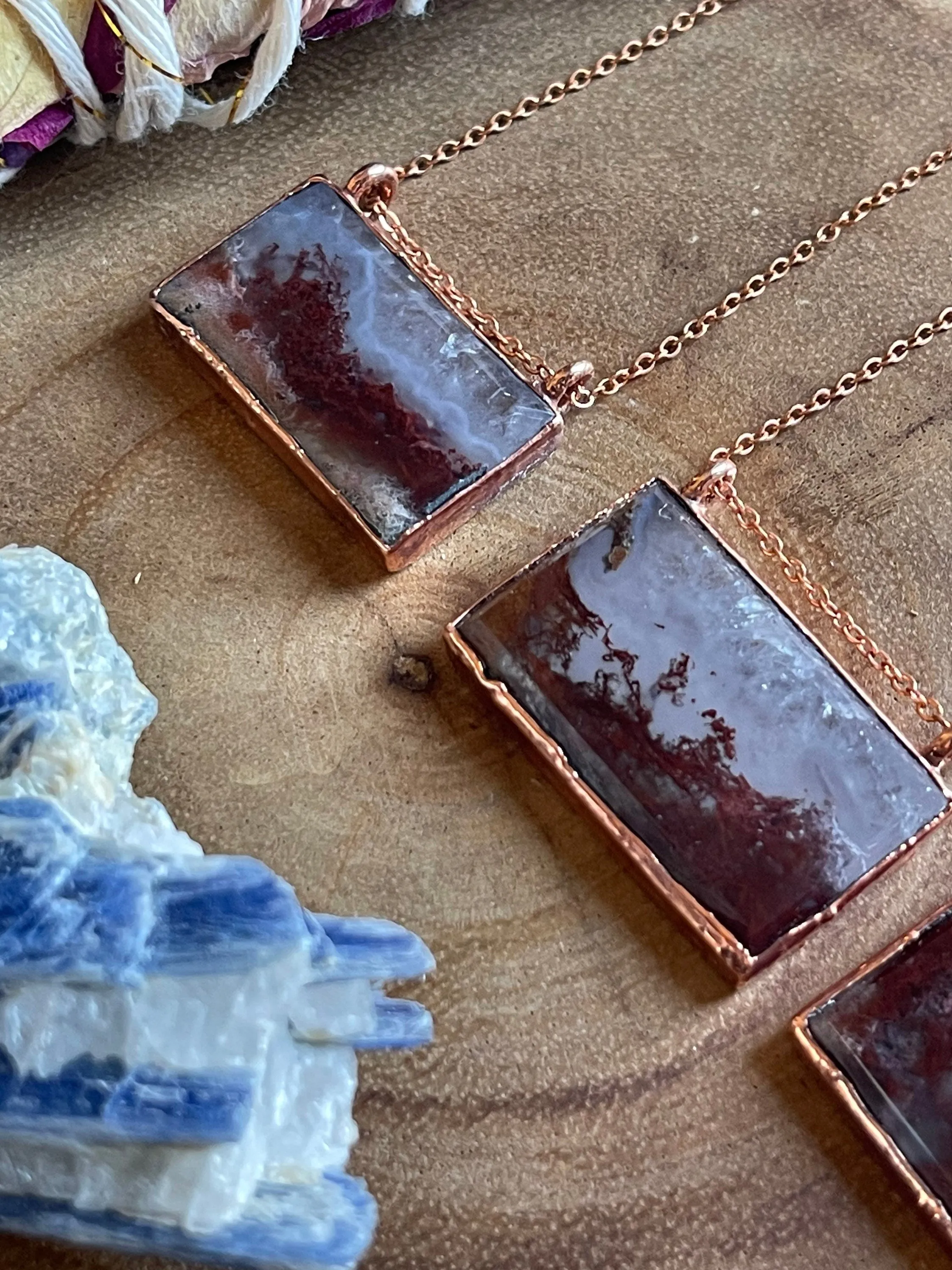 Moss agate rectangle necklace Electroformed copper jewelry