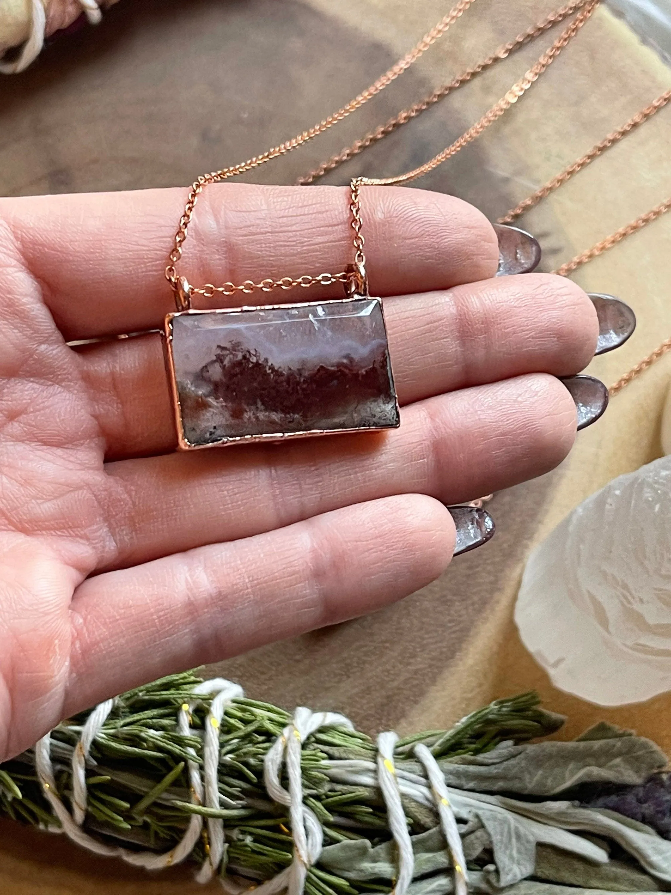 Moss agate rectangle necklace Electroformed copper jewelry