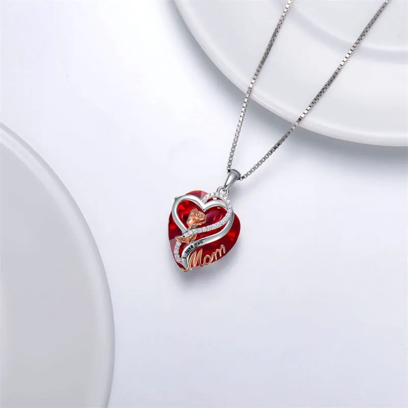 Mothers Day Gifts for Mom Sterling Silver Mom Necklace Heart Rose Pendant Birthstone Jewelry Gifts for Mom from Daughter Son for Women