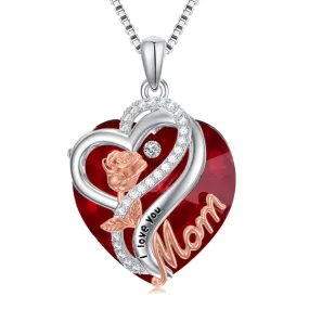 Mothers Day Gifts for Mom Sterling Silver Mom Necklace Heart Rose Pendant Birthstone Jewelry Gifts for Mom from Daughter Son for Women