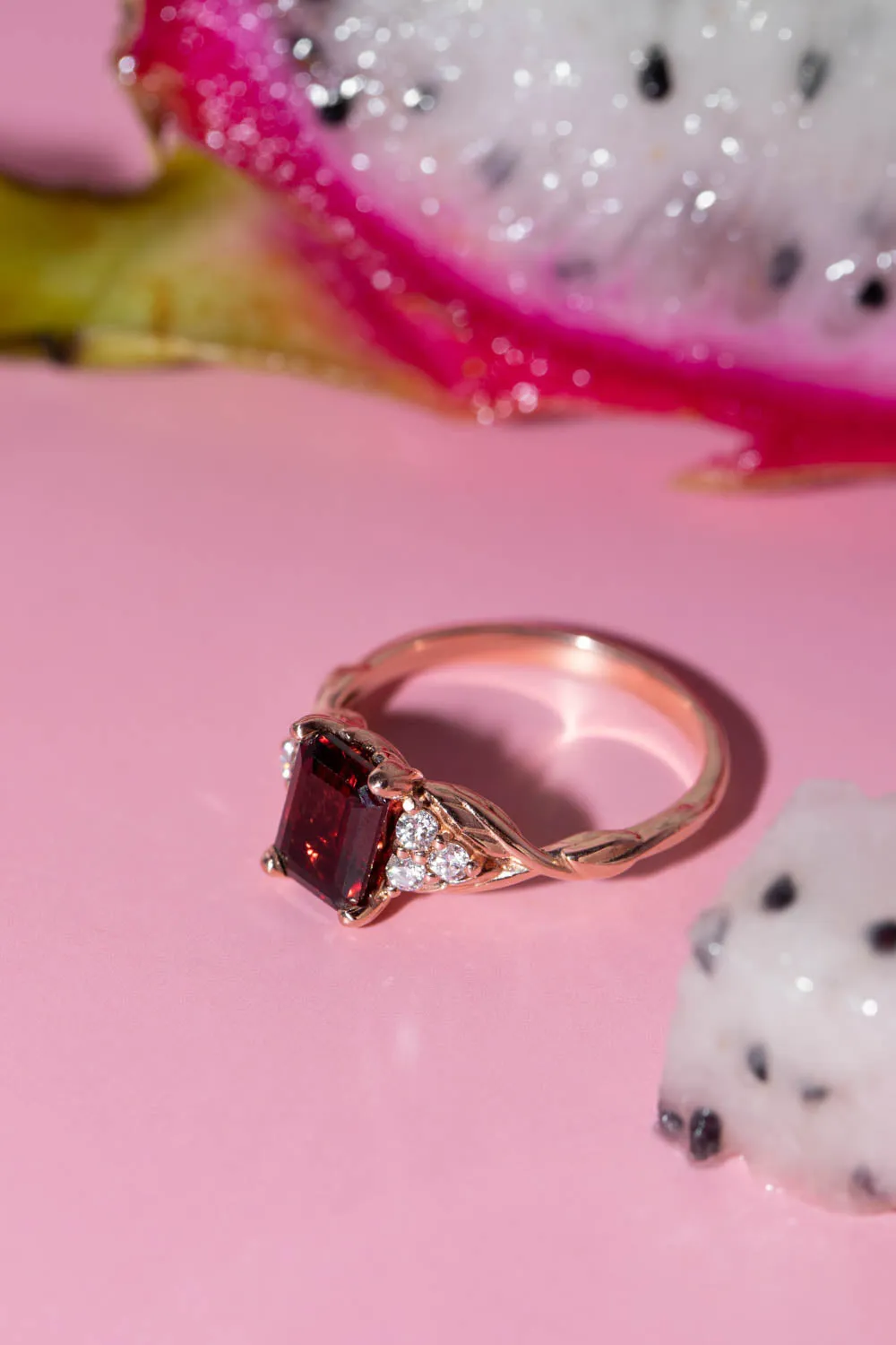 Natural garnet and diamonds engagement ring, emerald cut gemstone rose gold ring / Gloria