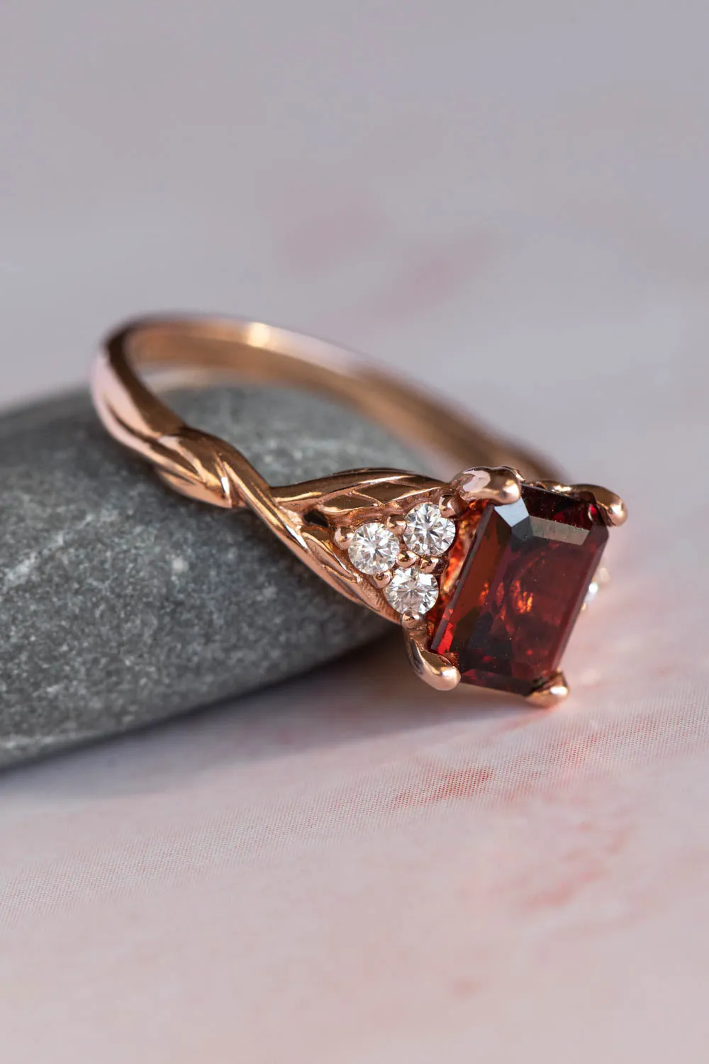 Natural garnet and diamonds engagement ring, emerald cut gemstone rose gold ring / Gloria