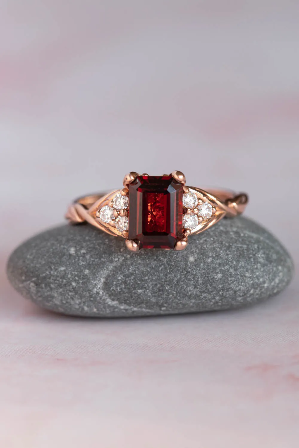 Natural garnet and diamonds engagement ring, emerald cut gemstone rose gold ring / Gloria