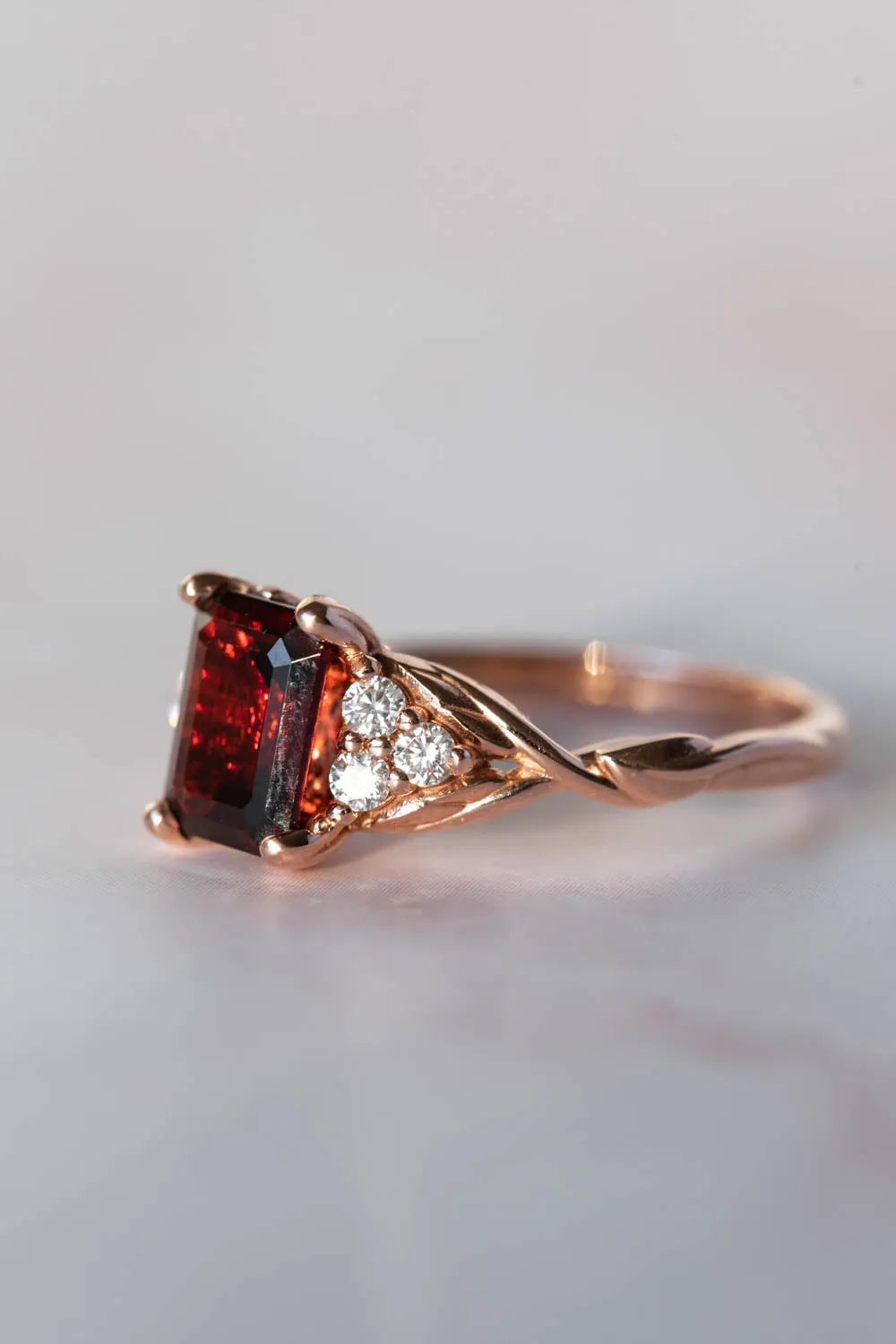 Natural garnet and diamonds engagement ring, emerald cut gemstone rose gold ring / Gloria