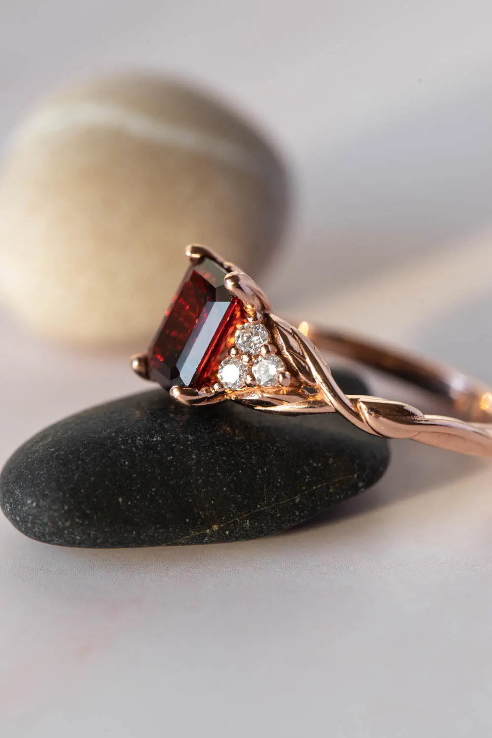 Natural garnet and diamonds engagement ring, emerald cut gemstone rose gold ring / Gloria