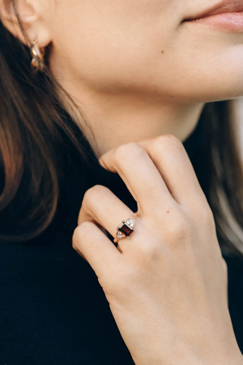 Natural garnet and diamonds engagement ring, emerald cut gemstone rose gold ring / Gloria