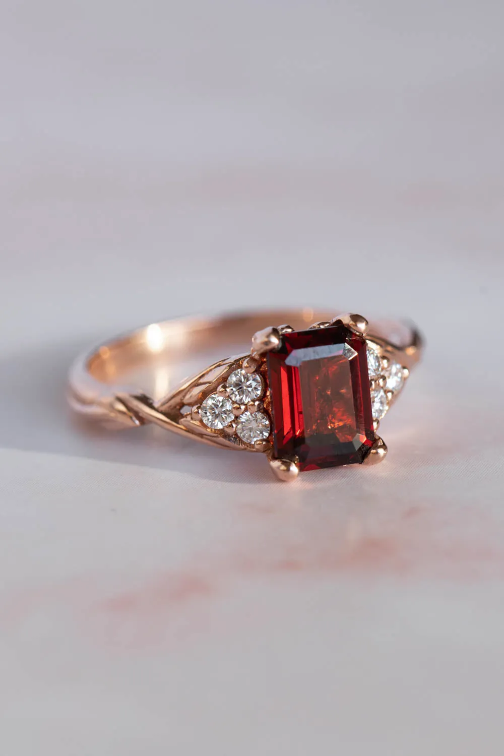 Natural garnet and diamonds engagement ring, emerald cut gemstone rose gold ring / Gloria