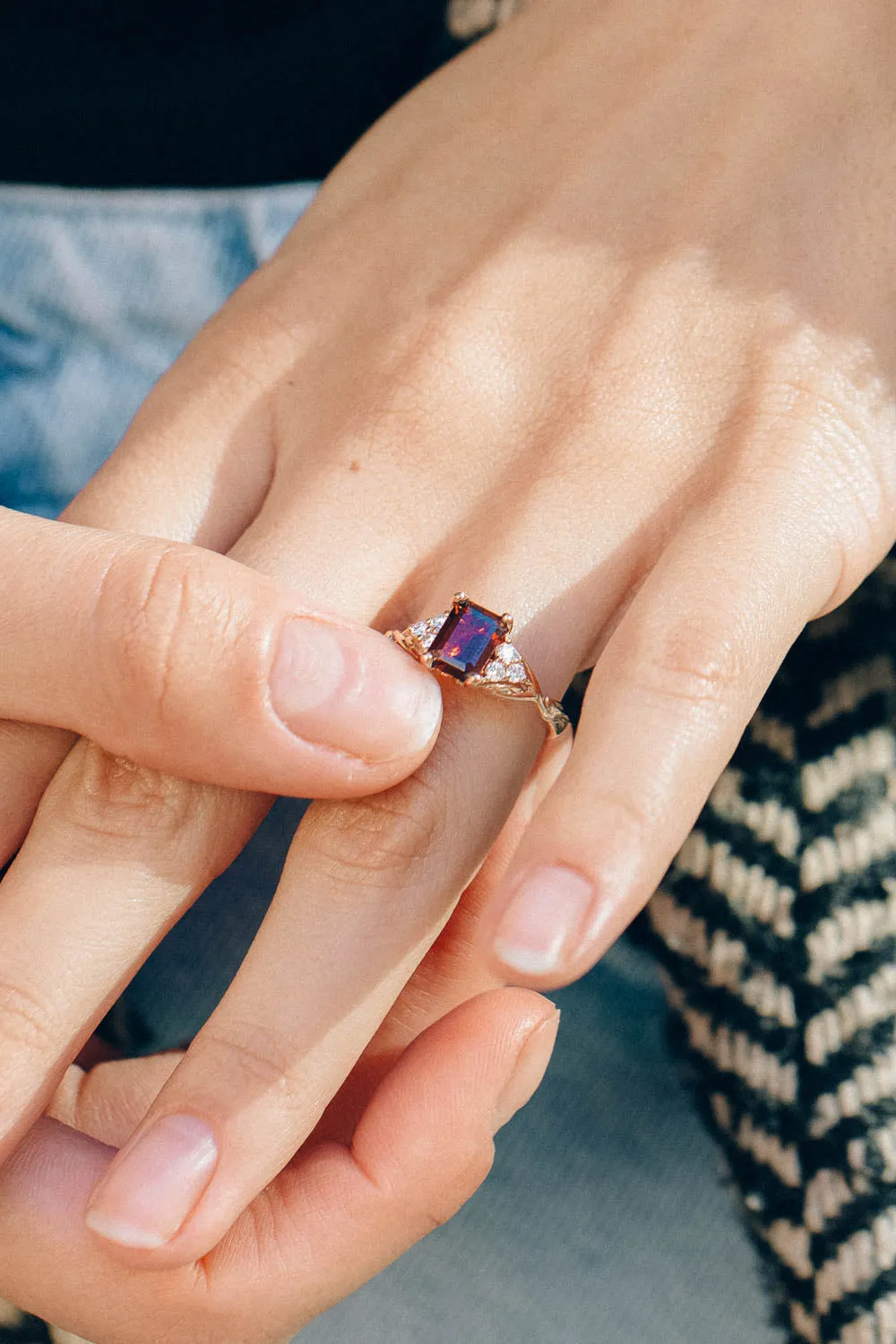 Natural garnet and diamonds engagement ring, emerald cut gemstone rose gold ring / Gloria