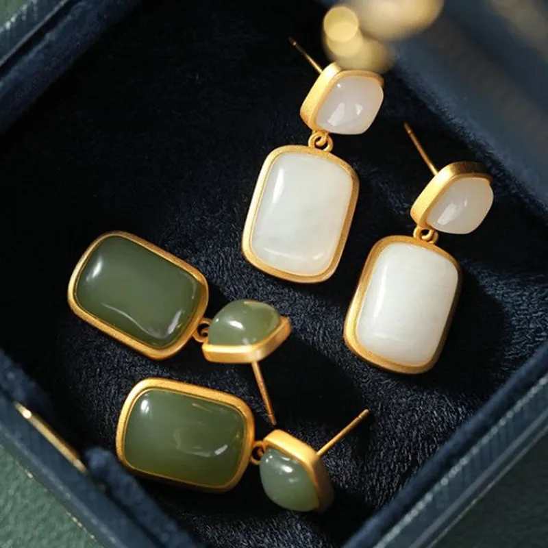 Natural Hotan Green or White Inlaid Drop Jade Earrings