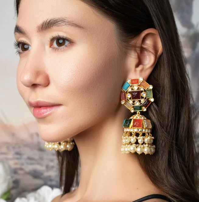 Navaratna Luxury Runway Jhumka Earrings by Jaipur Rose Luxury Designer Jewelry