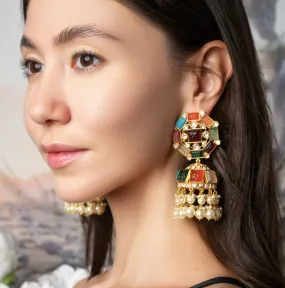 Navaratna Luxury Runway Jhumka Earrings by Jaipur Rose Luxury Designer Jewelry