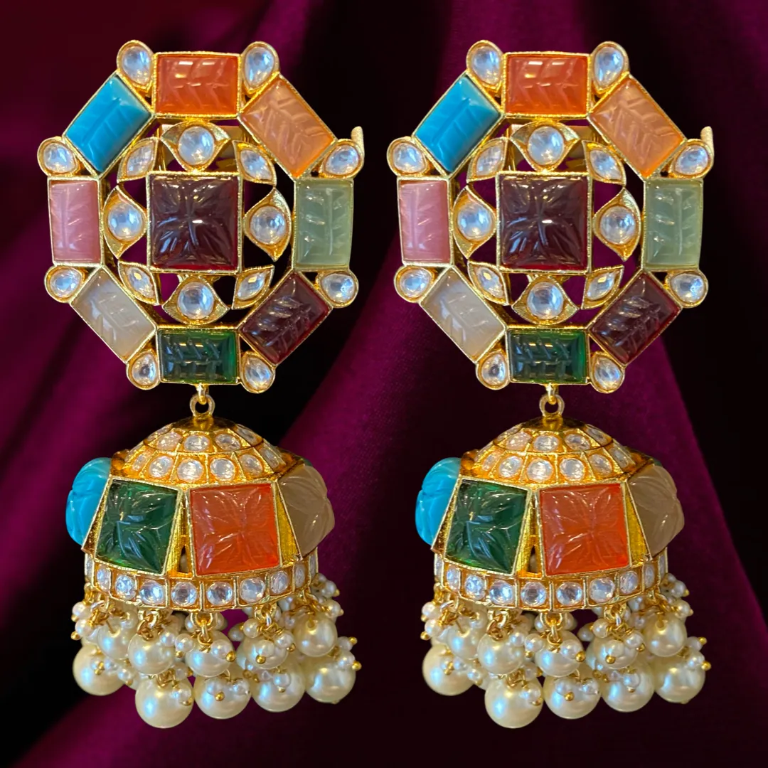 Navaratna Luxury Runway Jhumka Earrings by Jaipur Rose Luxury Designer Jewelry