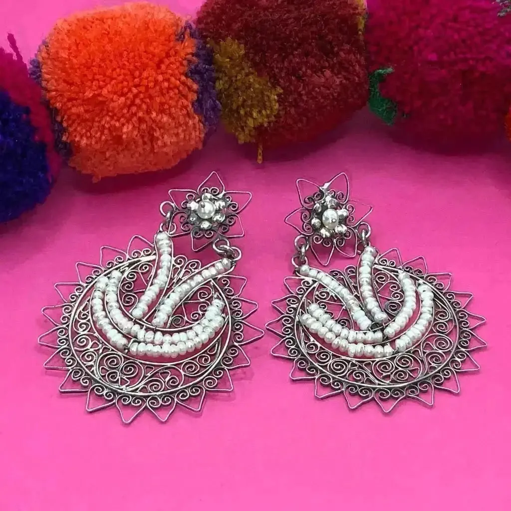 Oaxacan pearl silver filigree earrings, statement earrings