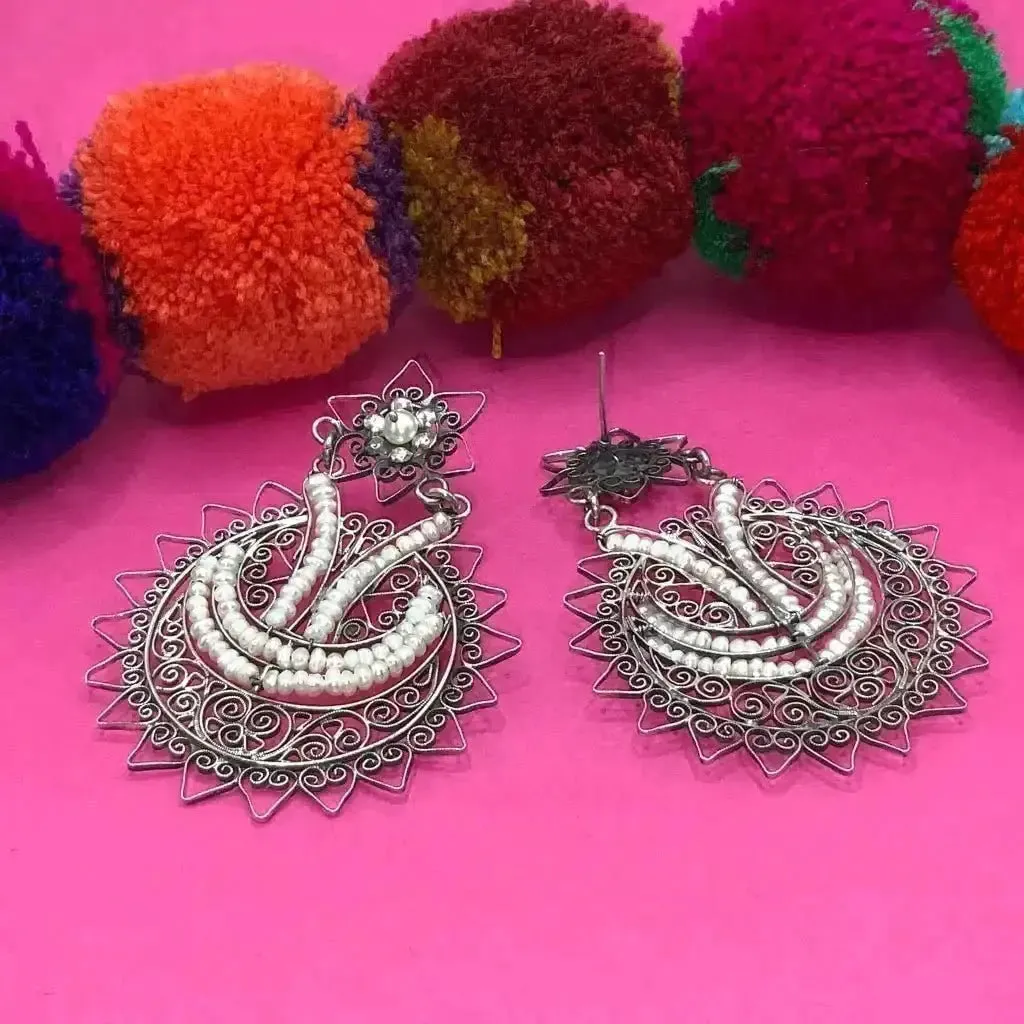 Oaxacan pearl silver filigree earrings, statement earrings