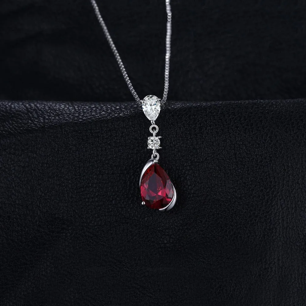 Pear Created Red Ruby Pendant - 925 Sterling Silver ( No Chain )