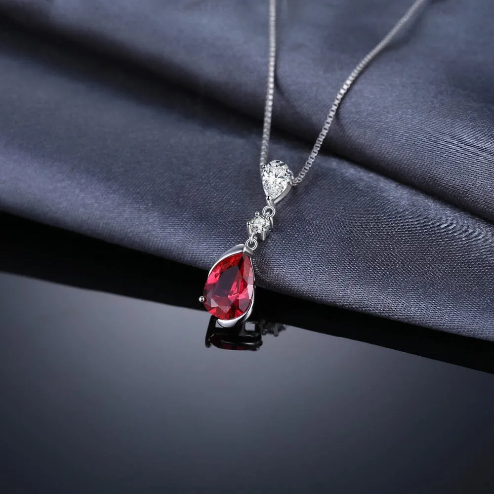 Pear Created Red Ruby Pendant - 925 Sterling Silver ( No Chain )