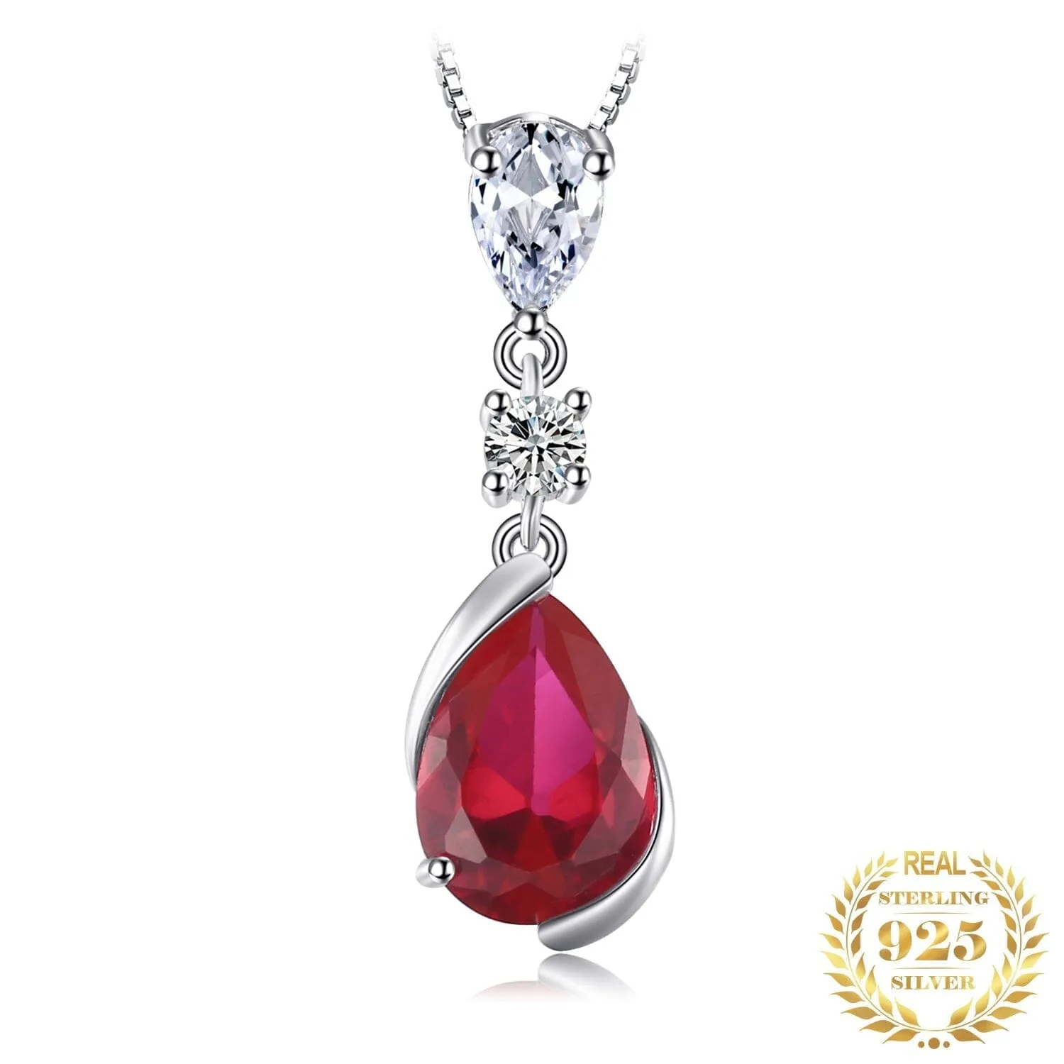 Pear Created Red Ruby Pendant - 925 Sterling Silver ( No Chain )