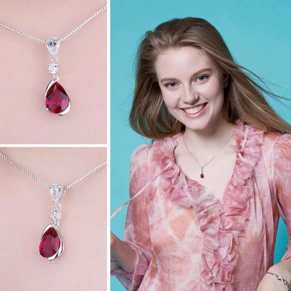 Pear Created Red Ruby Pendant - 925 Sterling Silver ( No Chain )