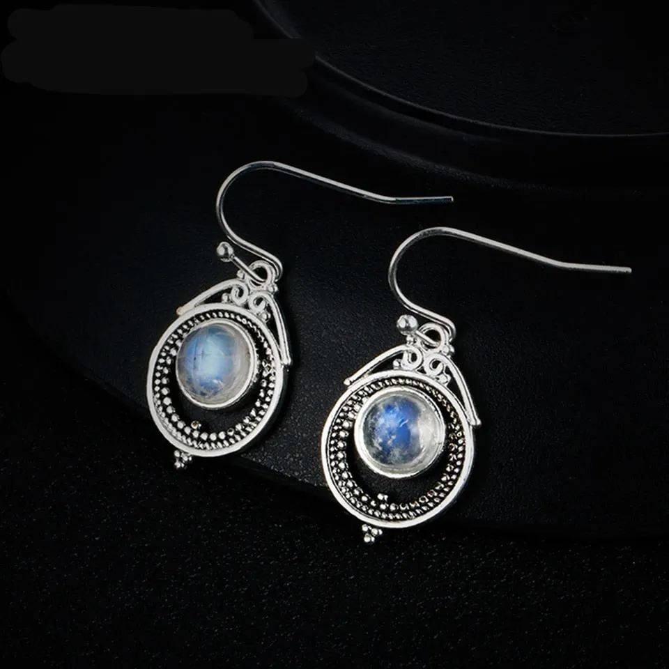 Petite 925 Sterling Silver Natural Rainbow Moonstone Drop Earrings