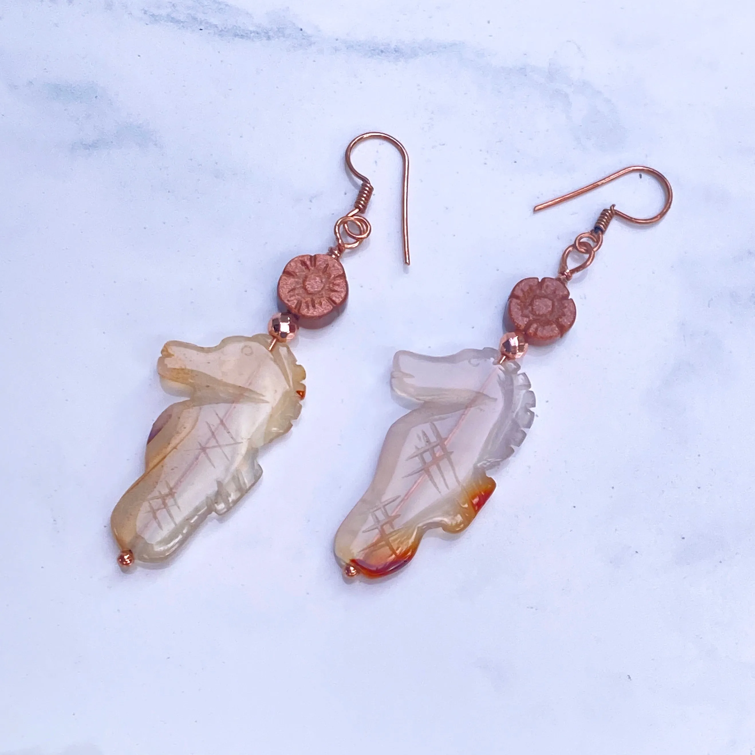 Red Agate gemstone SeaHorse, Goldstone, and Genuine Copper Drop Earrings