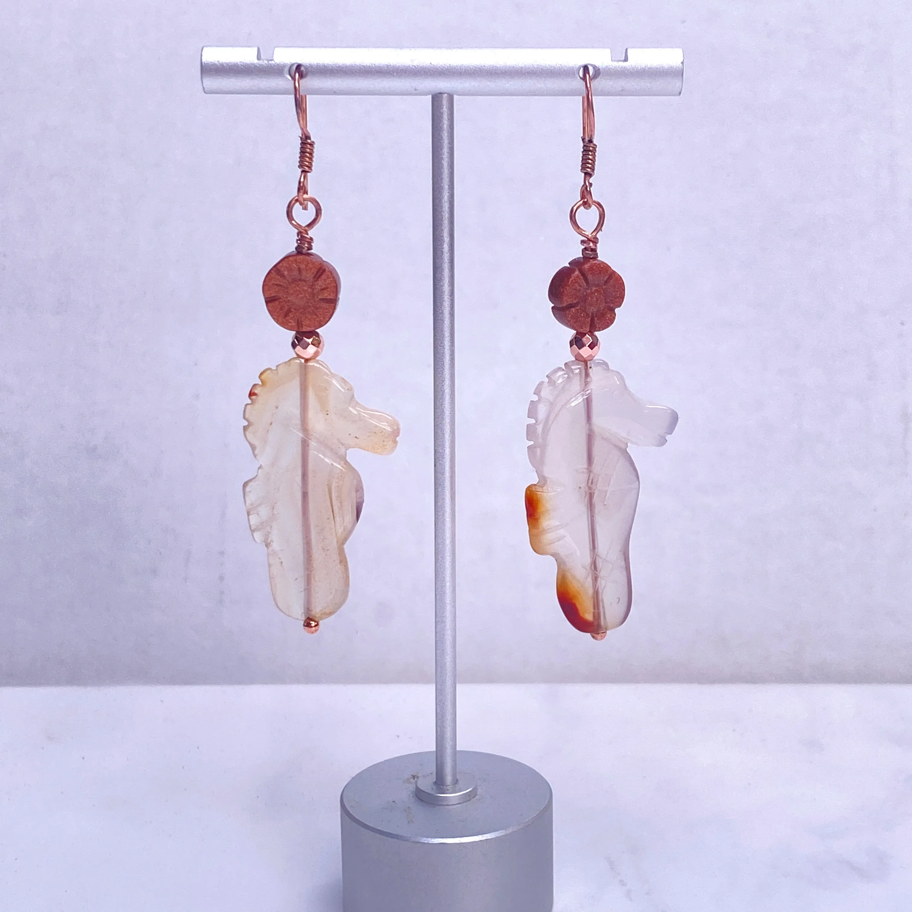 Red Agate gemstone SeaHorse, Goldstone, and Genuine Copper Drop Earrings