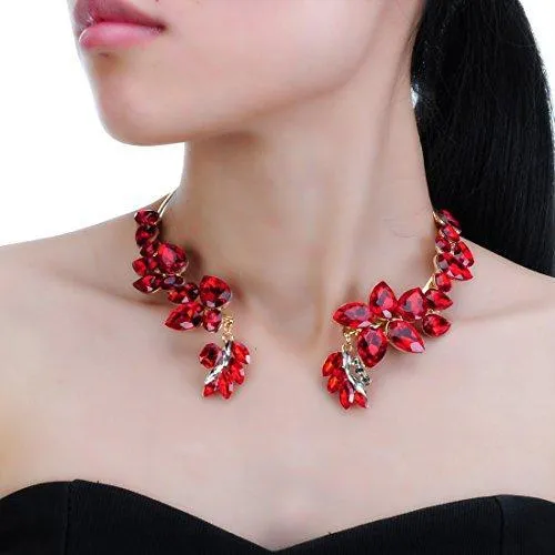 Red Glass Rhinestone Crystal Statement Pendant Chain Necklace