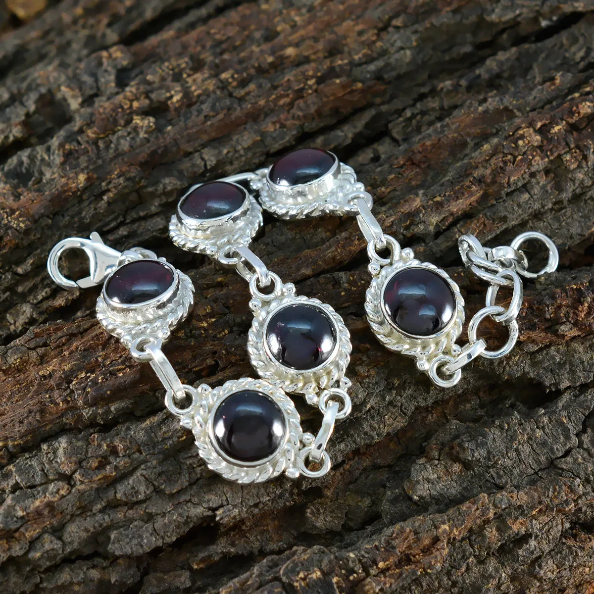 Riyo Bulk 925 Sterling Silver Bracelet For Women Garnet Bracelet Bezel Setting Bracelet with Fish Hook Link Bracelet L Size 6-8.5 Inch.