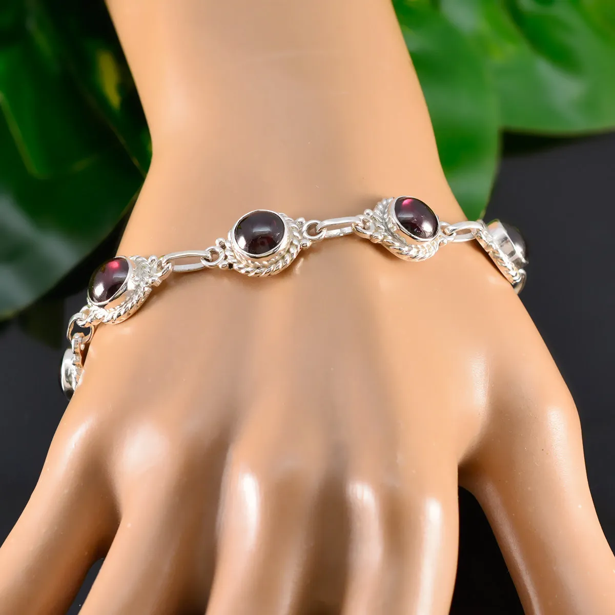 Riyo Bulk 925 Sterling Silver Bracelet For Women Garnet Bracelet Bezel Setting Bracelet with Fish Hook Link Bracelet L Size 6-8.5 Inch.