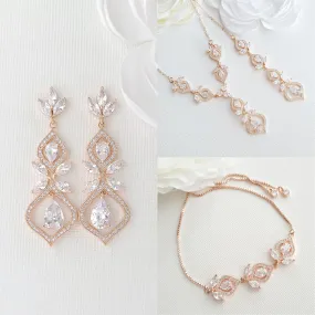 Rose Gold Bridal Back Jewelry Set with Drop Earrings Slider Bracelet Backdrop Necklace- Meghan