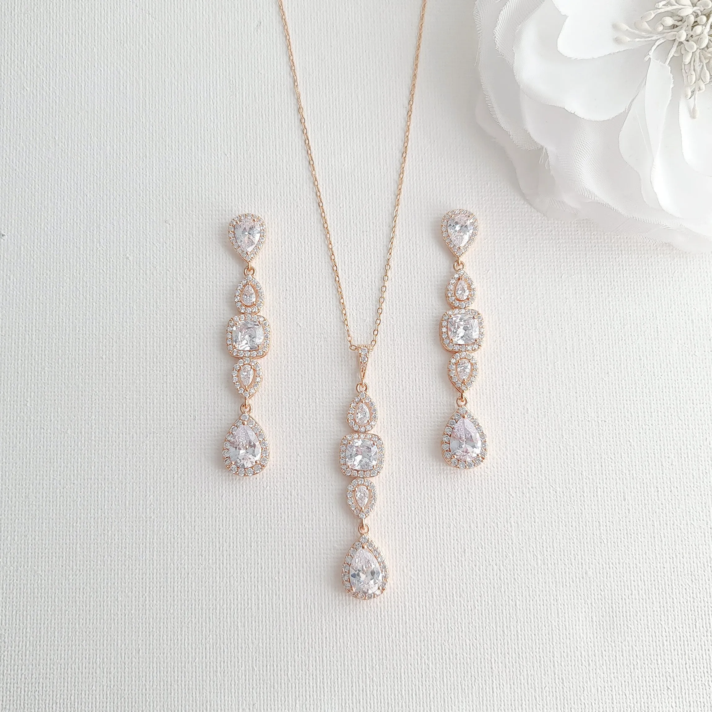 Rose Gold Drop Earrings Necklace Bracelet Set-Gianna